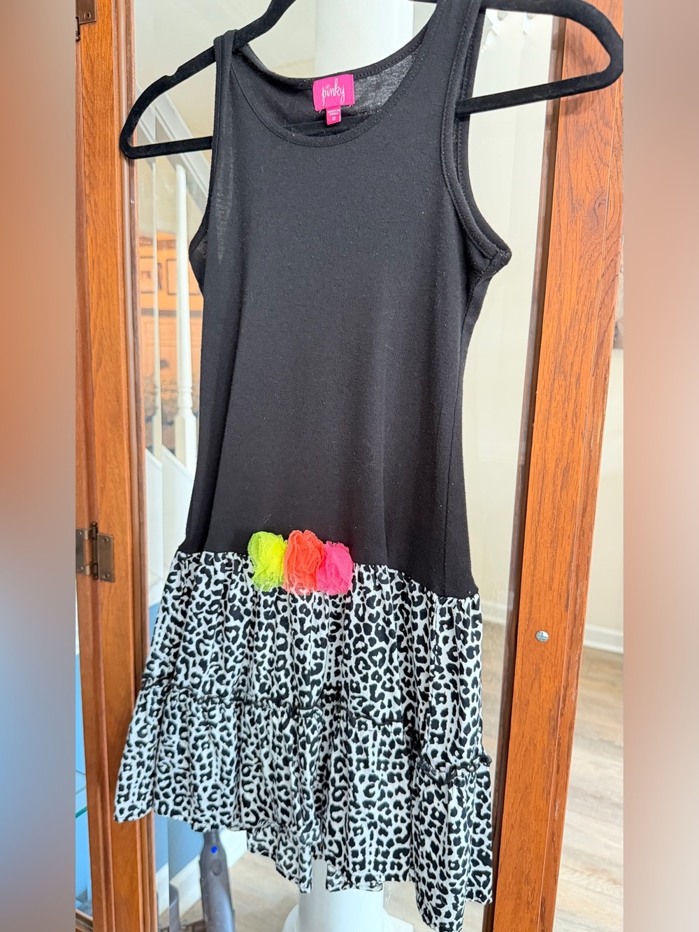 2 Girls Tank Dresses with Leopard Tiered Skirt and Blue Triangle Pattern